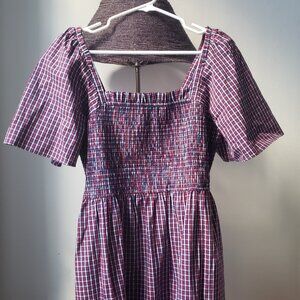 Draper James Smocked Midi Red Plaid Dress M Square Neck Pockets Size L